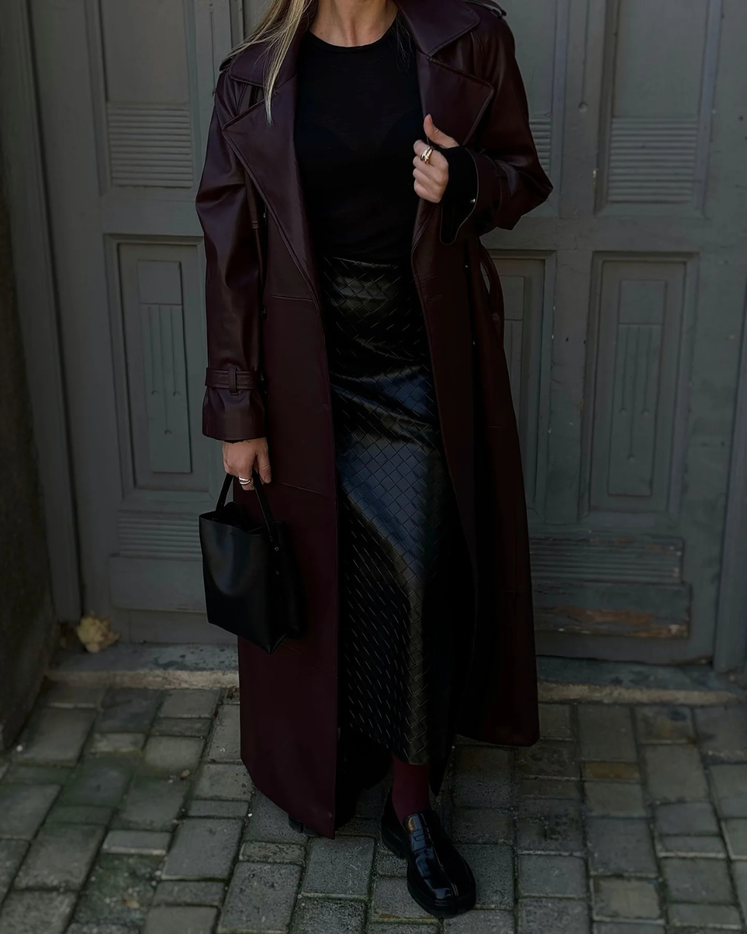 Missy Tricot Faux Leather Burgundy Trench Coat