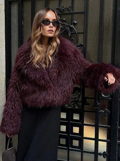 Skyla Faux Fur Coat in Burgundy